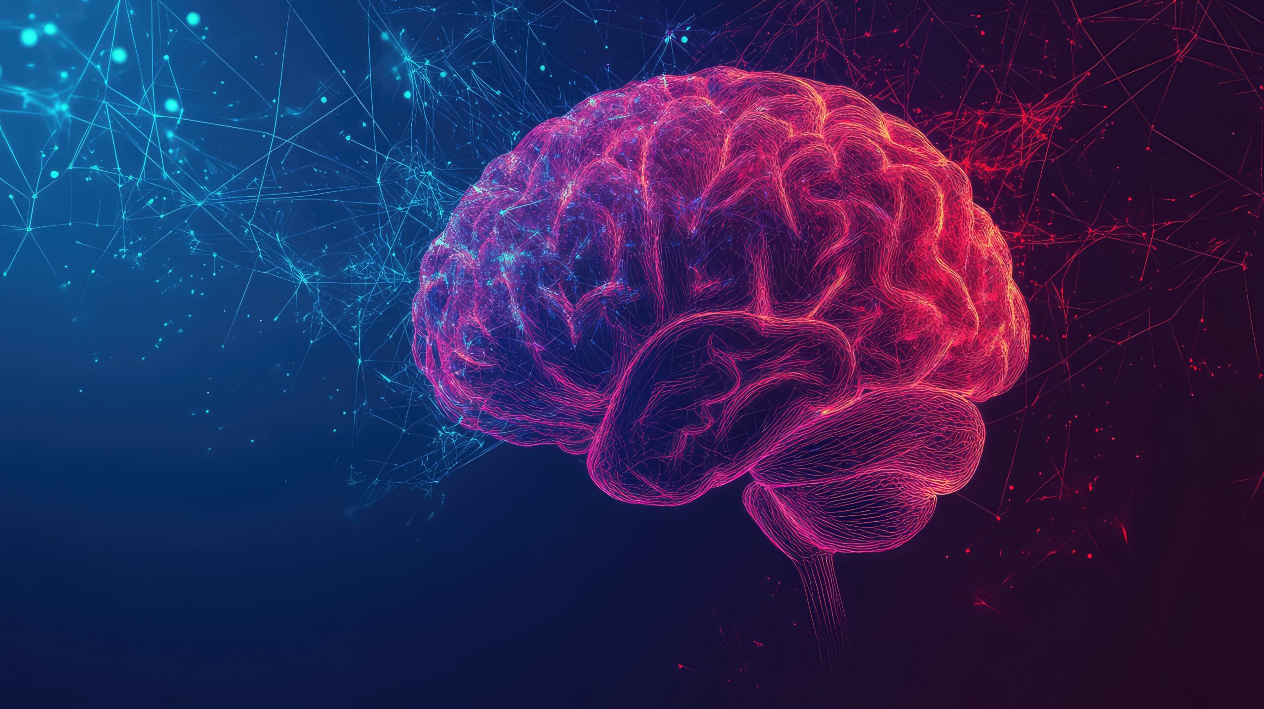 A digital illustration of a human brain in glowing pink lines, set against a blue and red gradient background with abstract network-like connections.