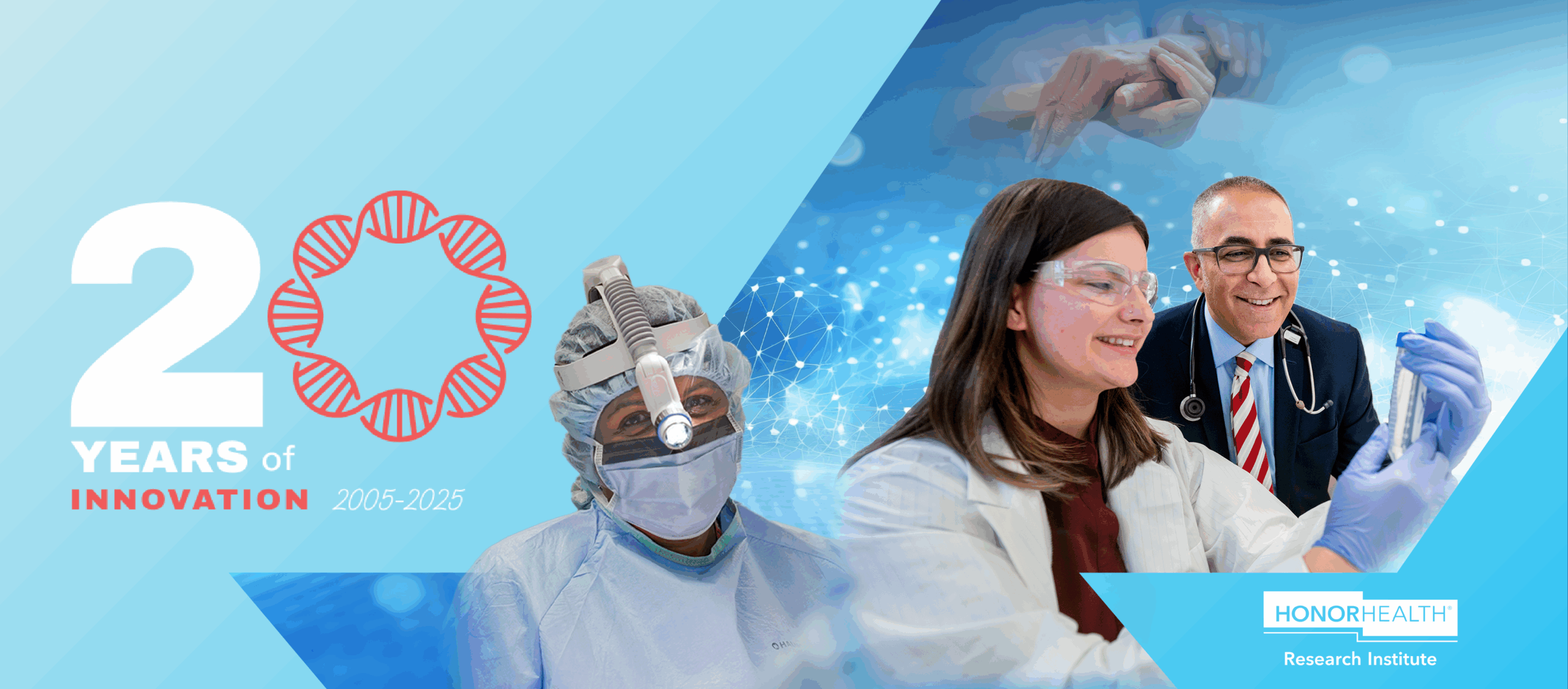 Healthcare professionals in lab coats and scrubs work with medical equipment. Text reads "20 Years of Innovation 2005–2025." HonorHealth Research Institute logo is visible.