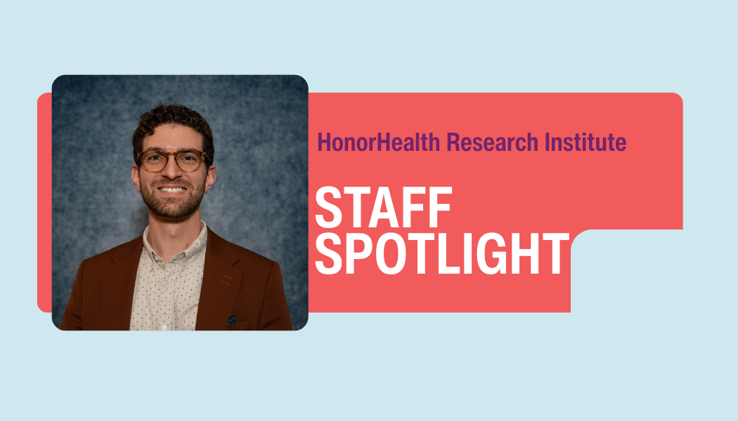 A man in a brown blazer and glasses smiles in a staff spotlight graphic for HonorHealth Research Institute.