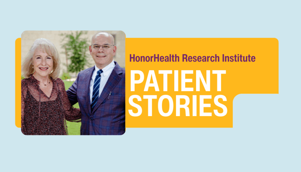 A smiling woman and man stand together next to text that reads 